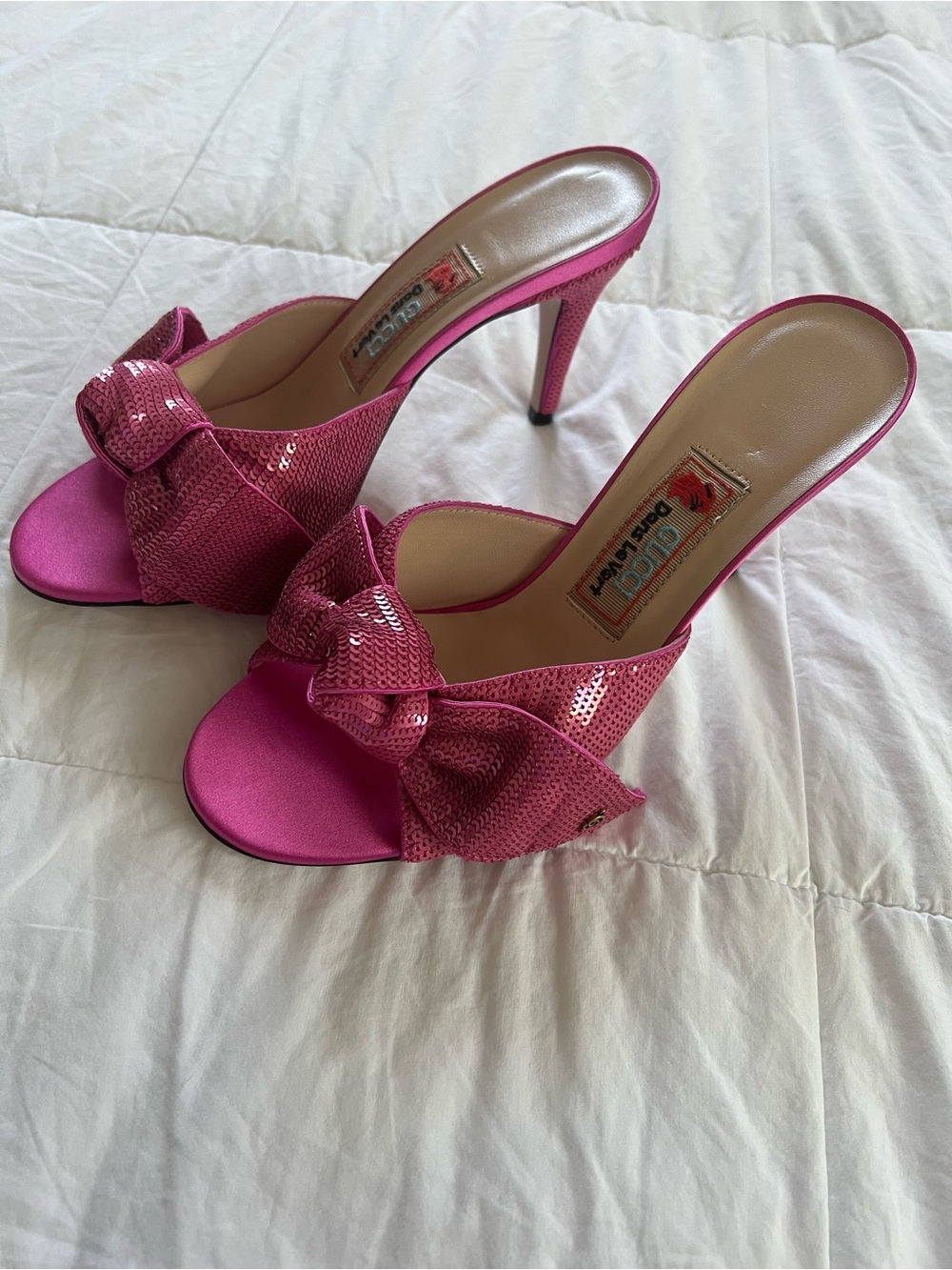 Gucci Pink Sequin Bow Mule Heels - Picture 2 of 5